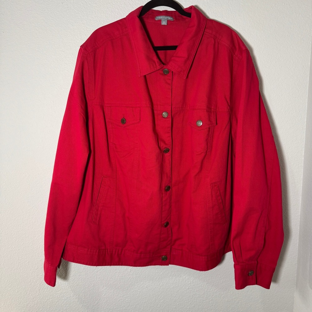Jessica London Red Denim Jacket Plus Size 32W Cotton‎ Twill Button Front Trucker